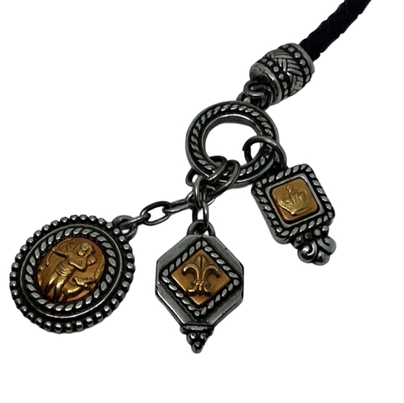 BRIGHTON VINTAGE BRAIDED LEATHER CORD WITH SILVER & COPPERTONE CHARMS NECKLACE - Picture 7 of 7